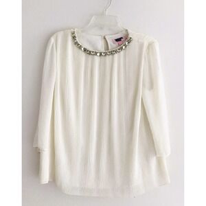 Ted Baker London | Pleated Chiffon Jewel Top Womens Size 3 Beige 3/4 Sleeves